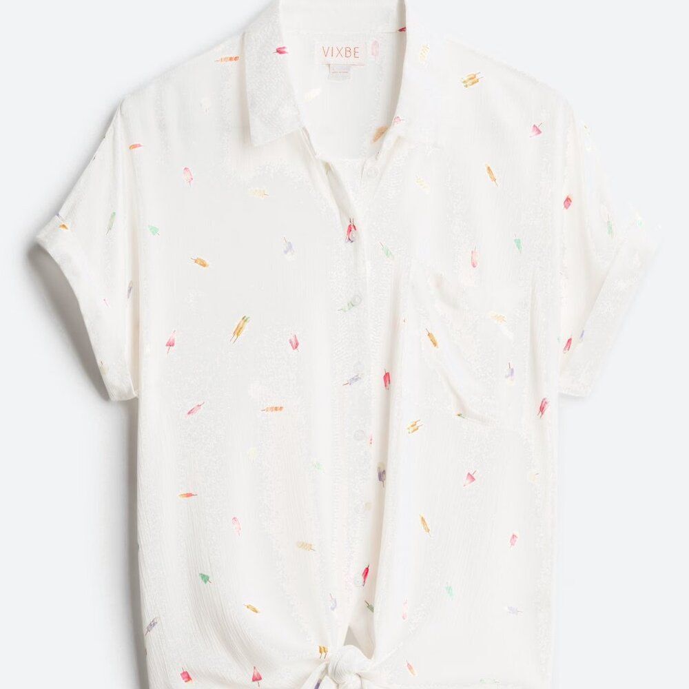 Vixbe Serah Tie Front Button Down XS White Confetti Print Dolman Short Sleeve
